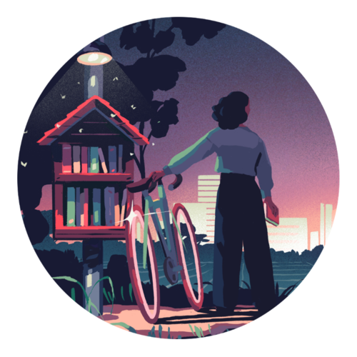 Logo Nuits de la lecture, femme à côté d'une boîte à livres